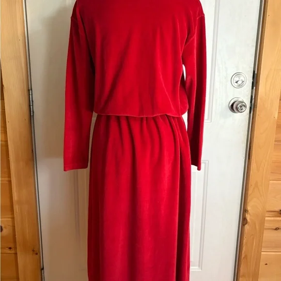 Vintage L.L. Bean Red Velour Long Sleeve Midi Dress Small Petite - Picture 5 of 15